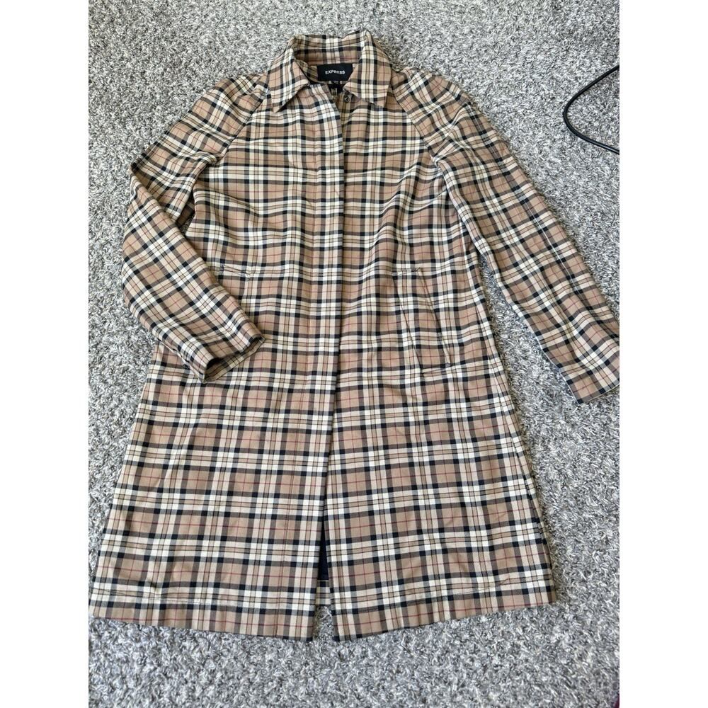 Express Womens Brown Nova Check Plaid Longline Coat Jacket Wool Blend 5/6 Small